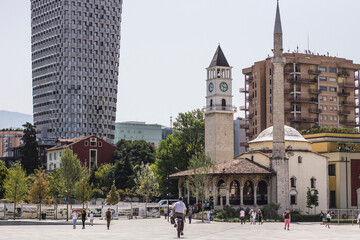 Tower and Mosque in historical center of Tirana, Albania - obrazy, fototapety, plakaty