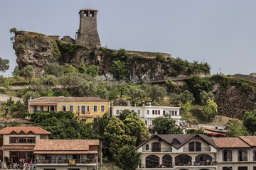 Kruje castle view and beautiful landscape of albanian countryside, Kruje, Albania