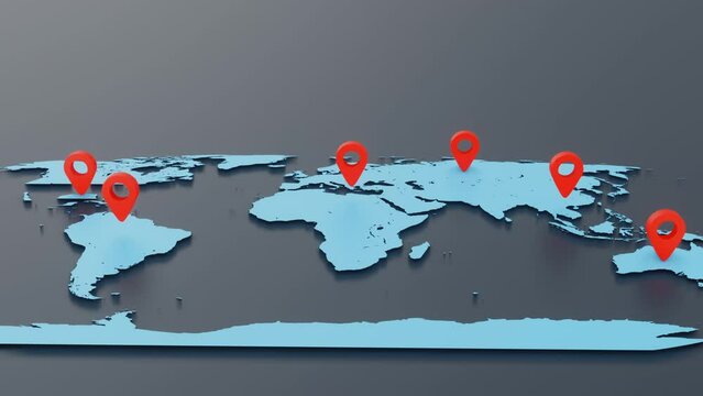 Seamless looping location pin symbol bounces up and bounces down on world map background. Sign and symbol concept. 4K footage video