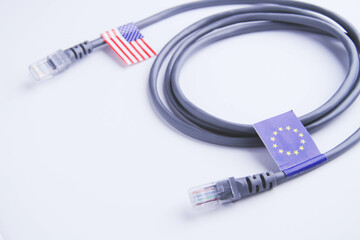 Internet cable with the flag of America and the European Union.