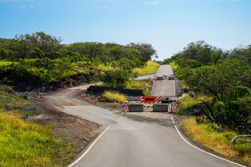 Curvy detour along the Piilani Highway in the southeast of Maui island, Hawaii - Blocked back road...