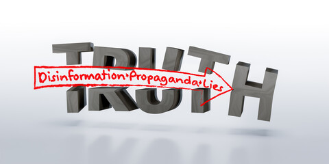 The word truth with a hand drawn arrow of disinformation propaganda and lies, Truth being destroyed concept illustration