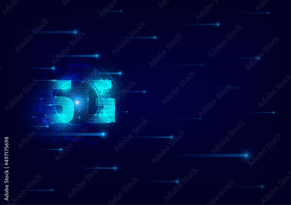 Poster 5g symbol with blue abstract futuristic background. 5th generation of wireless internet connection. 