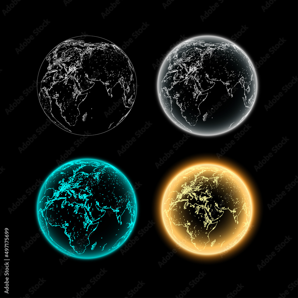 Poster set globes of earth. futuristic globalization. technology and science abstract graphics. vector illu