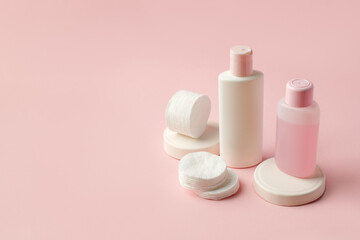 Cosmetics SPA branding mock up top view on pink background, banner for your brending, cosmetology, skincare, medicine concept