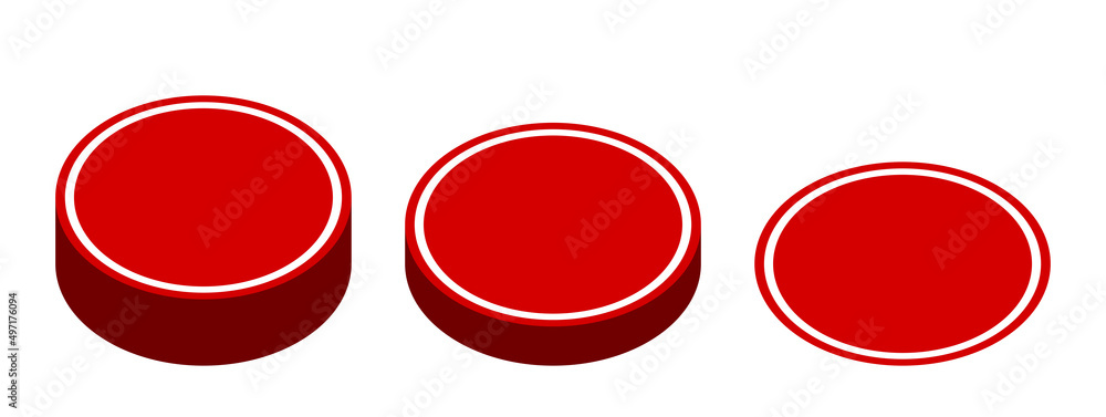 Poster Red Push Button Badge Icon Set in 3D Style Perspective View. Vector Image.
