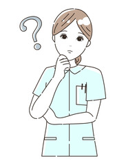 疑問に思って考え事をする看護師（医療従事者）のイラスト素材（上半身）