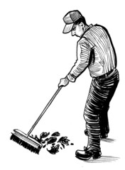 Gardener sweeping leaves. Ink black and white drawing