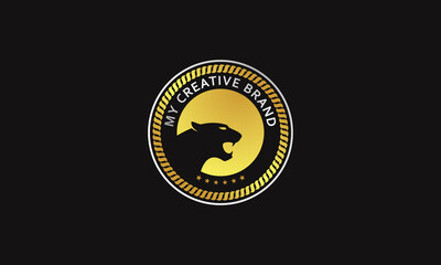 vector graphic illustration logo design for emblem, badge, stamp style, black puma, black jaguar, black tiger, black panther in premium gold color