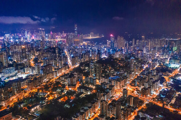 Aerial view of street at night, Hong Kong