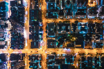 Aerial view of street at night, Hong Kong