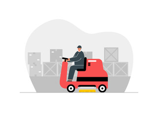 The cleaning service cleans the factory floor with a ride on floor scrubbers. Ai vector illustration