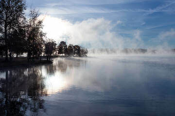 Fototapeta na wymiar Tree Silhouette Along Foggy Lake 