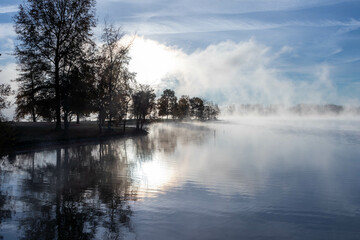 Fototapeta na wymiar Tree Silhouette Along Foggy Lake 