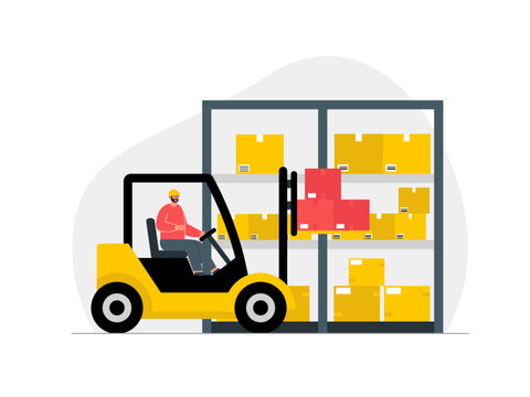 Goods that have entered the box are carried by the operator with a forklift. Goods are moved for delivery process. Ai vector illustration