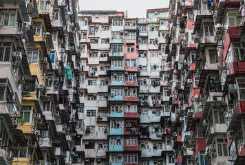 Hong Kong - 10 may 2019: Yik Cheong Building. Known as The Monster Mansion. famous for incredibly dense and stacked residential complexes