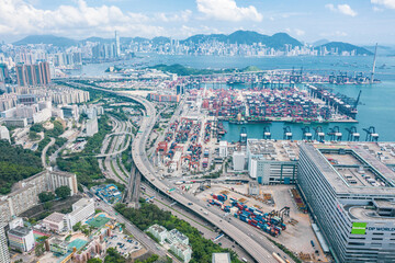 Fototapeta na wymiar Kwai Chung Container Terminal, Hong Kong - 19 Jun 2019: Kwai Chung Container Terminal, one of the most busiest port in Asia, during the trade war between China and US