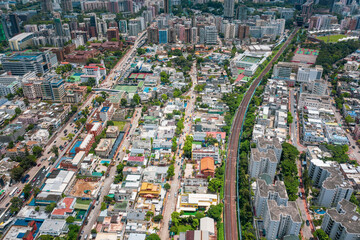 Naklejka premium Aerial view of a railway in downtown urban area, Hong Kong