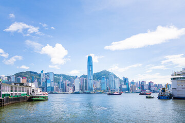 Fototapeta premium Hong Kong - 1 Jul 2019: Victoria Harbour, Hong Kong. Skyscraper and cityscape