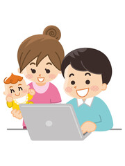 ノートパソコンを見る家族　出産　育児