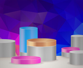 3D vector abstract podium, pedestal, plaque, cylinder steps of a round gold frame. The concept of minimalistic layout, empty space and space. Mock Up. on dark blue background abstract polygon