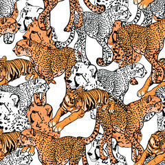 
Pattern leopards and tropical flowers. Seamless fashion illustration as a logo, blank for designers, print, element