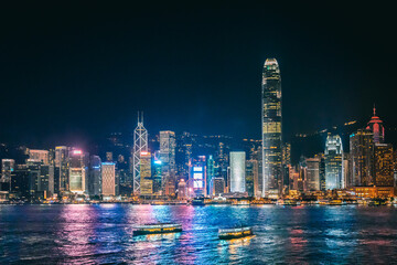 28 Sept 2019 - Hong Kong: Hong Kong cityscape, with Bank of China, HSBC, Two International Finance Centre, Observation Wheel.