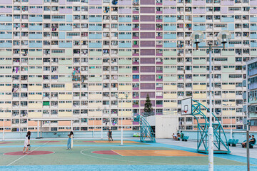Famous landmark of hong kong. choi hung estate, colorful public housing, afternoon - obrazy, fototapety, plakaty