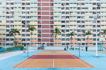 Famous landmark of hong kong. choi hung estate, colorful public housing, afternoon