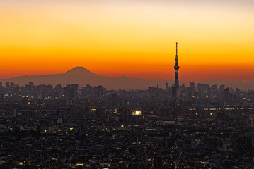 Fototapeta premium Illumination of Shinjuku Skyscrapers with Fuji Mountain Background at Sunset , Tokyo, Japan 