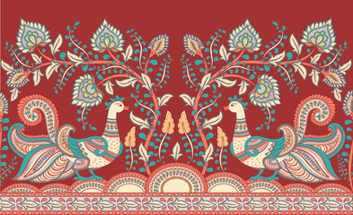Floral ornament with birds (peacocks) in oriental style. Kalamkari. Indian floral seamless border.