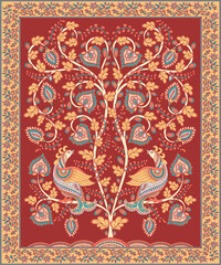 Floral ornament with birds (peacocks) in oriental style. Kalamkari. Indian floral motif on a dark red background in a decorative frame.