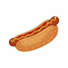 Hot dog. Image of a hot dog with sausage with ketchup and sprinkled with mustard. Fast food. Vector illustration isolated on a white background