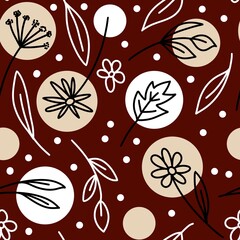 Hand drawn seamless floral pattern with burgundy marsala flowers on neutral beige background. Elegant red black white leaves petals blossom for textile wrapping paper. Summer fall autumn wedding