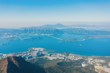 Aerial Drone shot of Ma On Shan, countryside of East Hong Kong, Asia