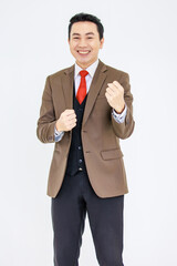 Portrait studio isolated cutout shot of Asian young female smart professional successful businesswoman in business sleeveless shirt standing smiling look at camera on white background