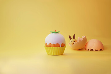 Easter egg Cupcake with a cute bunny in spring-summer concept 3d illustration