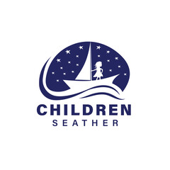 Children's zone illustration design logo - Silhouette illustration of a sailing ship with children's characters, stars in the sky.