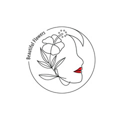 Vector abstract illustration logo and brand design template in trendy linear minimal style, emblem for beauty and cosmetic studio - portrait of woman, face of beautiful woman