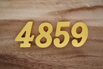 Golden Arabic numerals on a real brown and white wooden floor number 4859