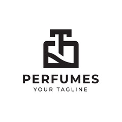 Logo design with perfume bottle line and ornament line, letter T, suitable for fashion cosmetic beauty sign business.