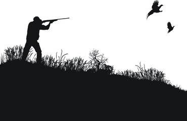 Vector silhouette of an adult male hunting upland game (pheasant). 