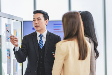 Asian happy male and female professional successful businessman and businesswoman colleagues partnership teamwork in formal business suit standing smiling look at post it note on glass board together