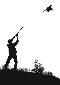 Vector silhouette of an adult male hunting upland game (pheasant). 