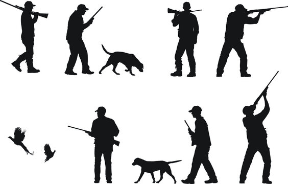 Vector silhouettes of an adult male hunting upland game (pheasant). 