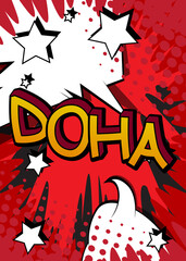 Doha, Capiatl City of Qatar. Comic book word text on abstract comics background. Retro pop art style illustration.