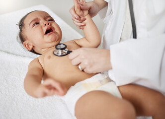 Lets see whats upsetting you so much. Shot of a paediatrician using a stethoscope during a babys checkup.