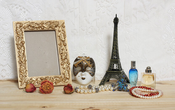 Empty Photo Frame With Eiffel Tower and Carnival Mask