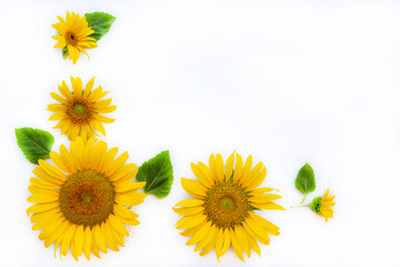 yellow flowers sunflowers arrangement flat lay postcard style on background white