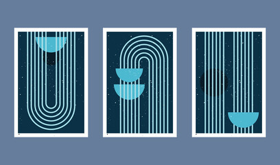 Set of three abstract art poster. Boho posters. Hand drawn various shapes and doodle objects. Contemporary modern trendy Vector illustrations. Every background is isolated